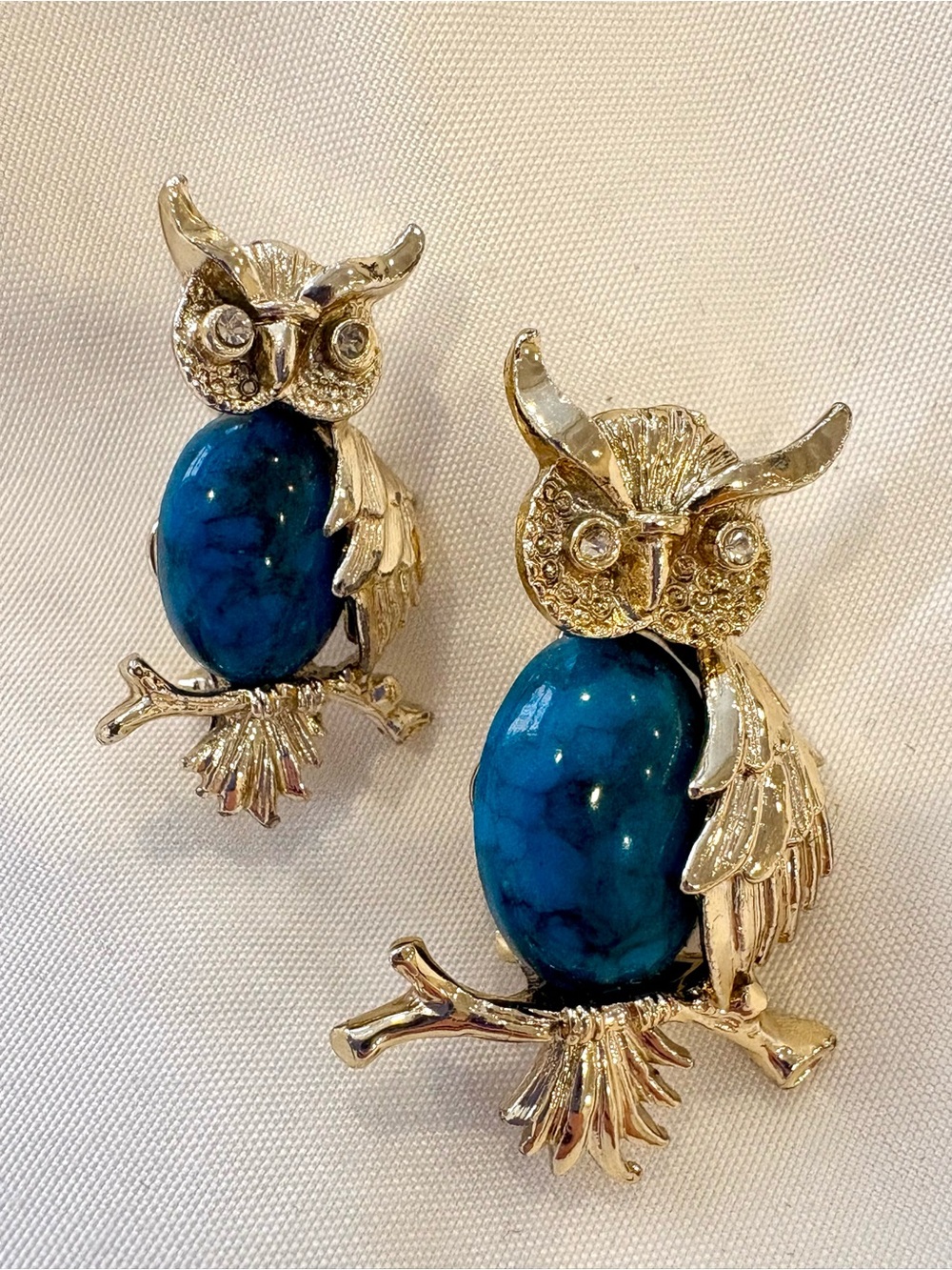 Vintage Gerry’s Mama & Baby Owl Jelly Belly Brooch Set Signed Turquoise (pair)